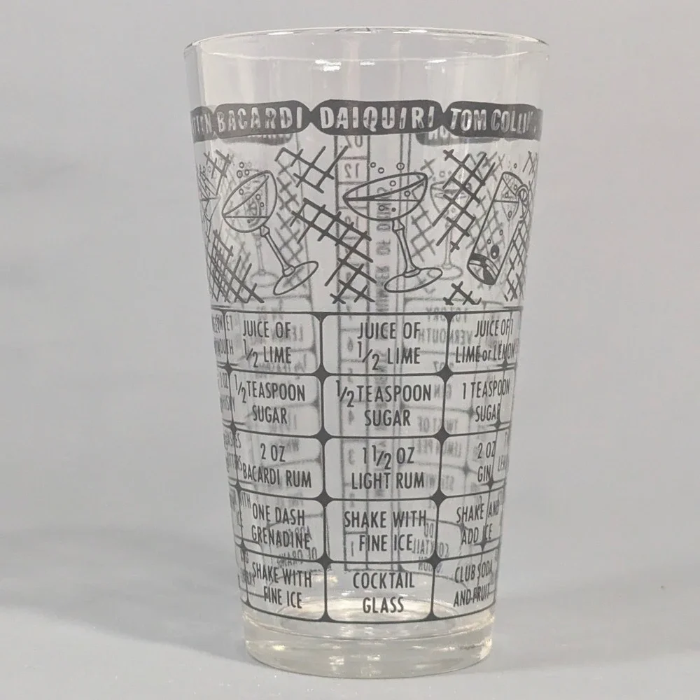 Vintage Cocktail Shaker Glass Black Recipe Print Mid Century Barware 12oz